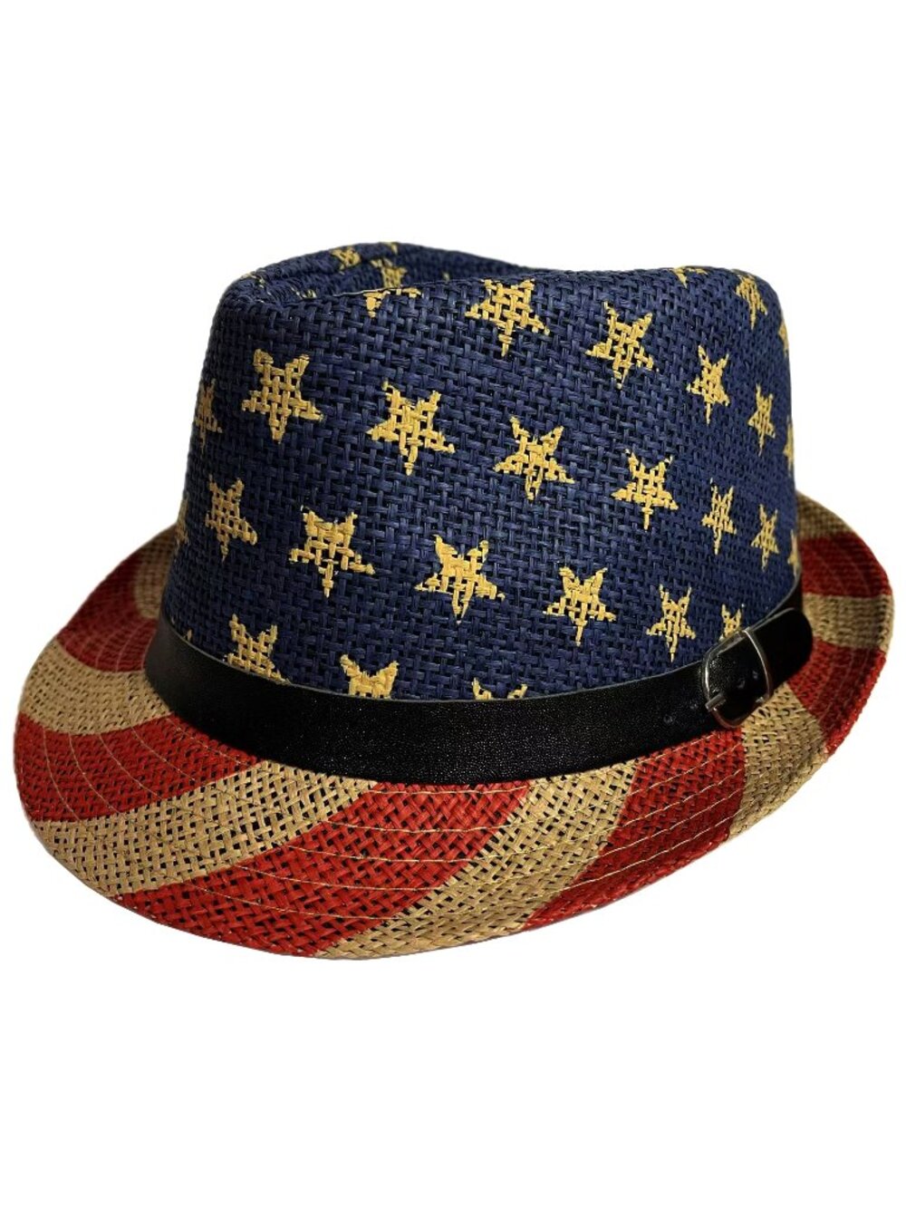 USA Flag Stars Stripe Fedora Straw Belted Hat for Men Women - Blue Red Beige